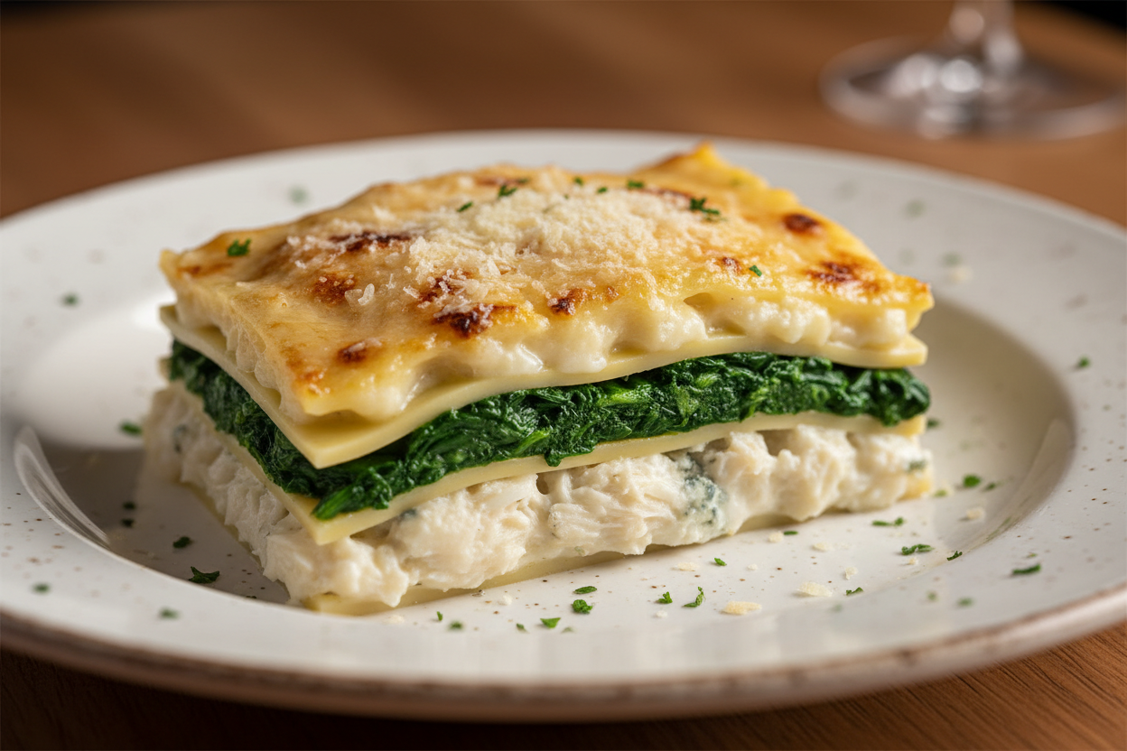 Lasagna de Pescado, Queso Azul, Espinaca